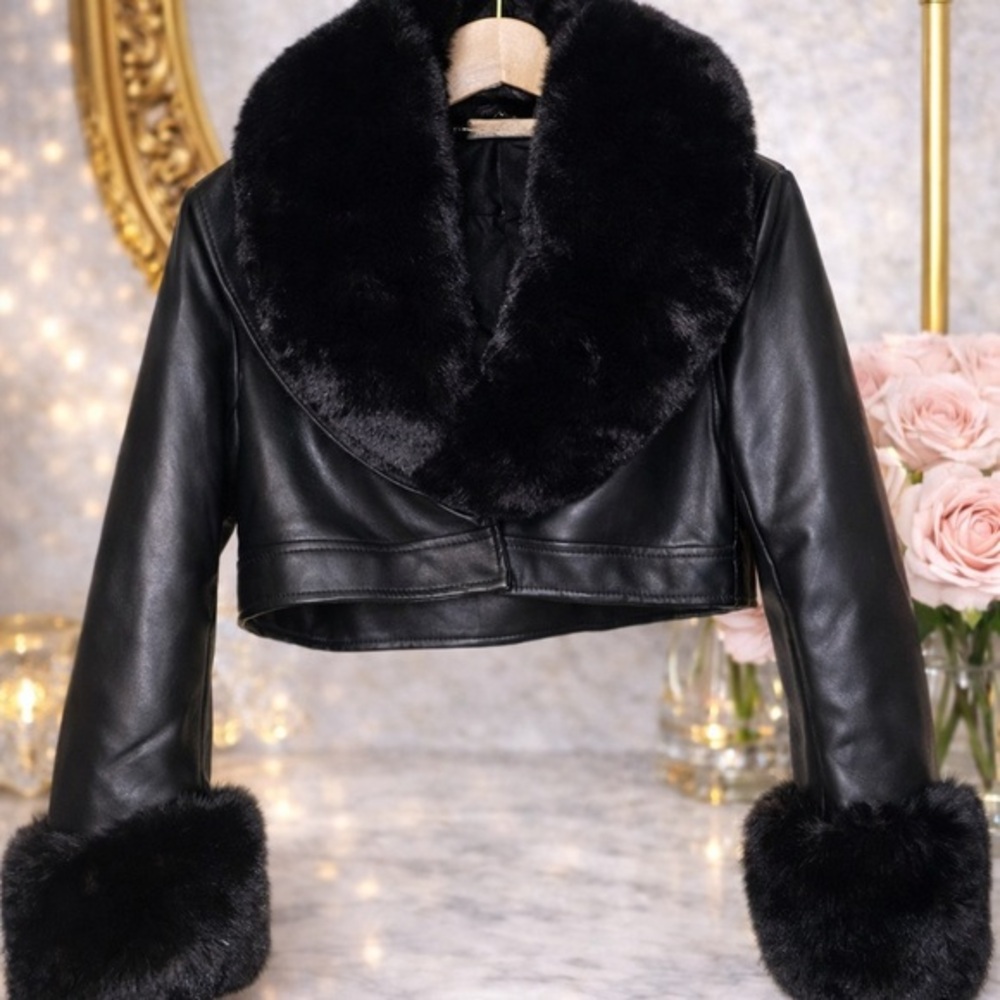 Azalea Wang Faux Leather Cropped Jacket with Luxe Faux Fur